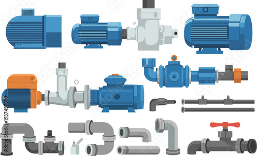 Industrial pumps pipes valves and plumbing equipment set with pipeline connectors water system components and mechanical engineering infrastructure illustration
