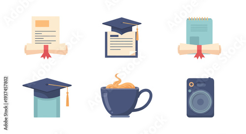 Set of education and study icons with graduation caps, diplomas, coffee cup, and a camera, perfect for academic and student projects