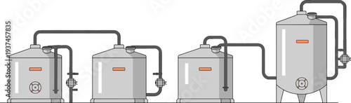 Industrial storage tank system vector illustration with connected pipelines, valves and containers for chemical processing factory engineering production equipment