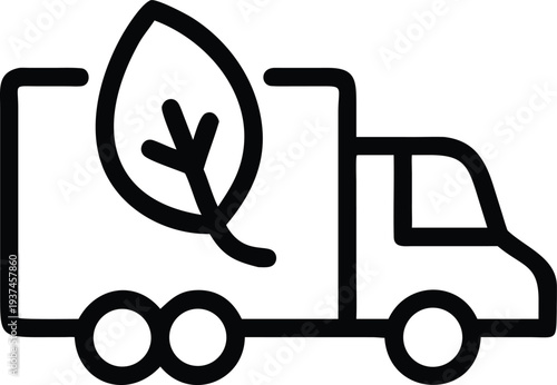 Green logistics delivery truck with natural leaf symbol outline icon for sustainable transport