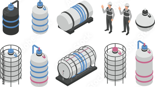 Industrial storage tanks and factory workers vector illustration set with chemical containers, oil reservoirs and engineering equipment for processing plants