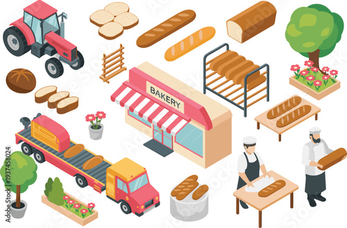 Isometric bakery production illustration with bread delivery truck, tractor, bakers, storefront, fresh loaves, baguettes, and farm to shop concept