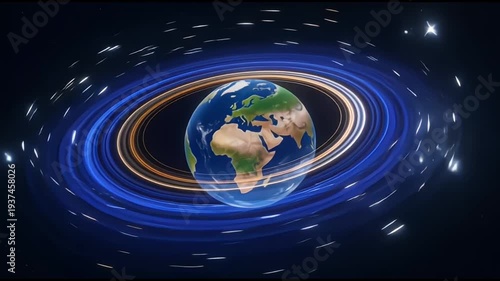 Wallpaper Mural Rotating planet earth globe with glowing blue rings in space orbit across the universe Torontodigital.ca