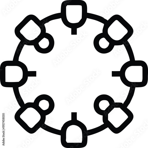 Group of stylized people icons sitting in a circle representing a team meeting or community