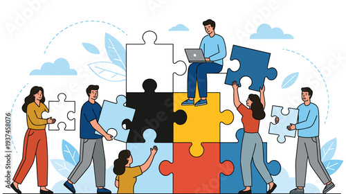 Business team assembling giant puzzle pieces, collaboration concept illustration