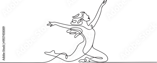 Continuous drawing in one line. Happy woman stretching. Vector illustration. Dancer dancing contemporary dance. one line Icon drawing