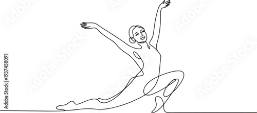 Continuous drawing in one line. Happy woman stretching. Vector illustration. Dancer dancing contemporary dance. one line Icon drawing