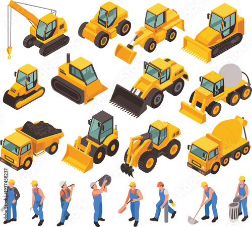 Isometric construction machinery and worker characters vector illustration set with excavators, loaders, trucks and heavy equipment for building industry