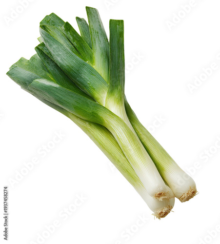 A close-up of three fresh leeks with green leaves, on a transparent background