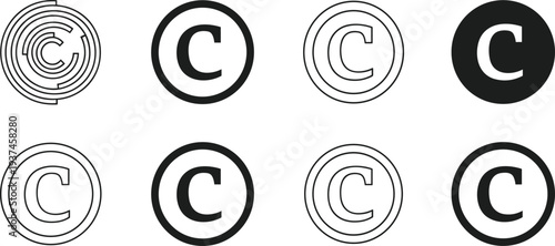 Eight Different Copyright Symbols in Black and White letter c icon