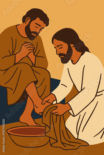 Jesus Drying an Apostle's Feet with Towel After Washing on Maundy Thursday