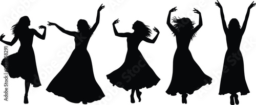 Elegant women dance silhouettes in flowing dresses, expressive female movements and graceful choreography, artistic performance, freedom, and celebration concept isolated on white background