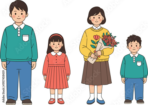 happy family parents and children cartoon characters standing together mother father kids flat vector illustration isolated