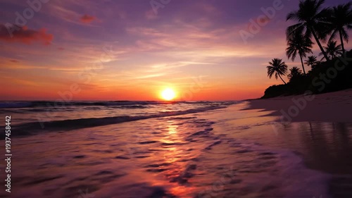 A vibrant sunset over a tropical beach with palm trees, gentle waves, and a colorful sky
