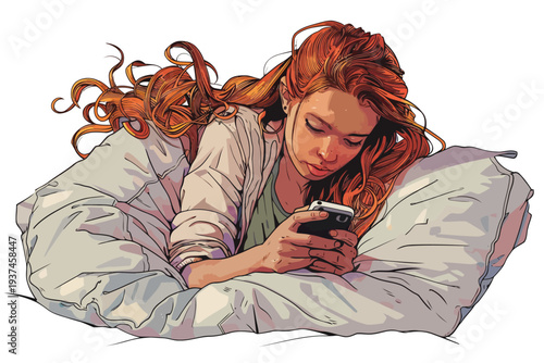 teen girl using phone in bed play isolated