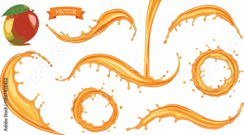 Orange Juice Splash Vector Set with Fresh Fruit and Liquid Wave Elements
