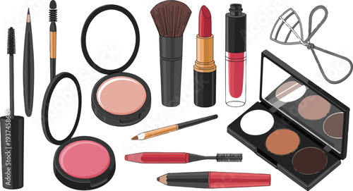 Makeup and Cosmetic Products Vector Illustration Set Featuring Lipstick, Blush, Powder, Brushes, Eyeshadow Palette, Mascara and Beauty Accessories