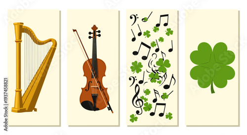 A collection of Irish cultural elements including shamrock music and instruments
