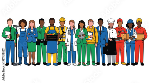 Group of diverse workers representing various professions standing in line