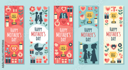 Vibrant Banners Celebrate Motherhood with Gifts Flora and Family Silhouettes