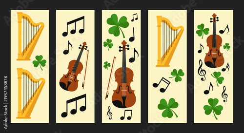 Violin Harp Shamrock and Musical Note Pattern for Irish Culture Celebration