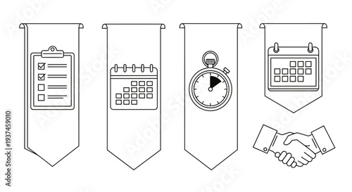 Business Process Strategy Timeline with Calendar Stopwatch Handshake and Checklist