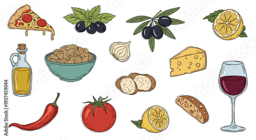 Vibrant illustration of Italian culinary ingredients and dishes for food concepts