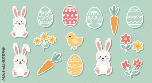 Charming Easter Sticker Set with Bunnies Eggs Carrots and Flowers on Green