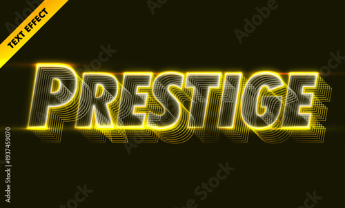 Prestige neon text effect with golden yellow gradient glow and retro futuristic line art style