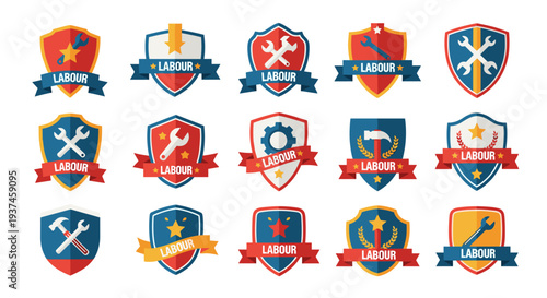 Vibrant Badges Represent Industry and Craftsmanship Ideal for Celebration Designs