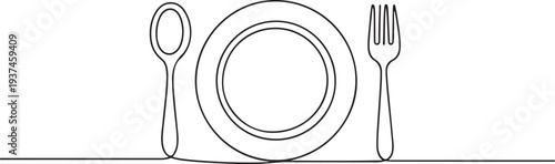 One line drawing of cutlery spoon, fork, plate. Minimal style. Perfect for cards, party invitations, posters, stickers, clothing. one line Icon drawing
