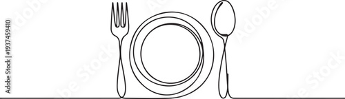 One line drawing of cutlery spoon, fork, plate. Minimal style. Perfect for cards, party invitations, posters, stickers, clothing. one line Icon drawing