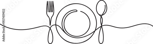 One line drawing of cutlery spoon, fork, plate. Minimal style. Perfect for cards, party invitations, posters, stickers, clothing. one line Icon drawing