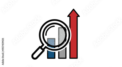 Magnifying glass on bar chart graph.