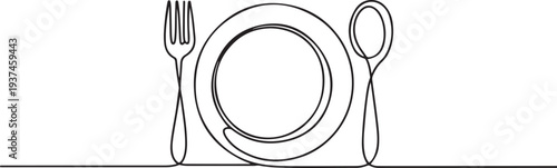 One line drawing of cutlery spoon, fork, plate. Minimal style. Perfect for cards, party invitations, posters, stickers, clothing. one line Icon drawing