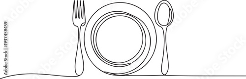 One line drawing of cutlery spoon, fork, plate. Minimal style. Perfect for cards, party invitations, posters, stickers, clothing. one line Icon drawing