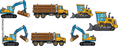 logging machinery set excavator bulldozer timber truck construction equipment vector illustration heavy industry forest work vehicles collection