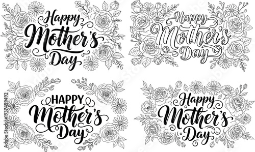 Happy mothers day typography calligraphy text vector set featuring elegant hand drawn lettering with beautiful rose flower frames and floral borders in black line art outline style for greeting card.