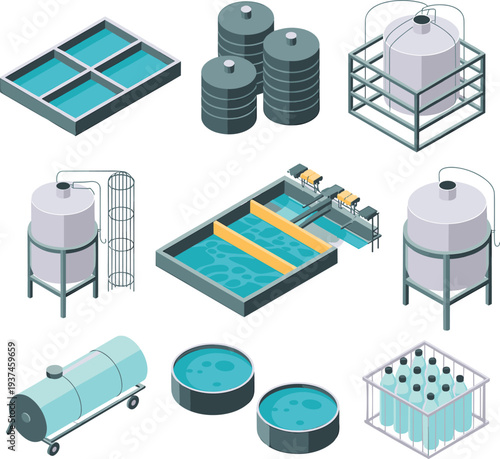 Isometric wastewater treatment equipment collection with filtration tanks industrial storage containers purification basins and processing system vector illustration