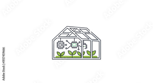 Greenhouse with plants and equipment inside.