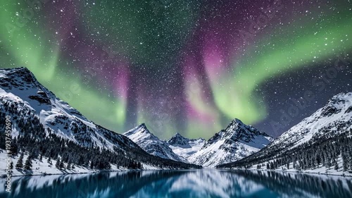 Aurora Borealis paints the sky above snowy mountain peaks reflected in a serene lake