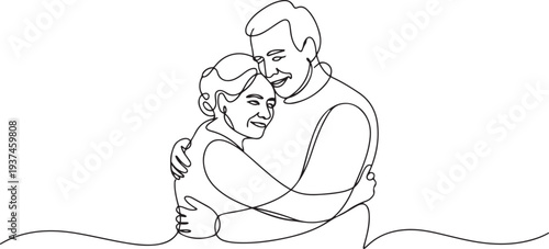 Continuous one line drawing of senior couple. Elderly people hug together. Old people in love. Man and woman on the path of life. Caring for each other. one line Icon drawing