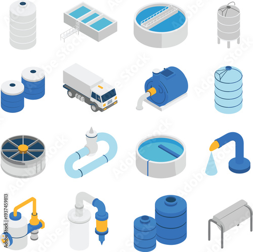 Isometric water treatment and purification system equipment set with tanks pumps pipelines filtration units storage containers and industrial infrastructure
