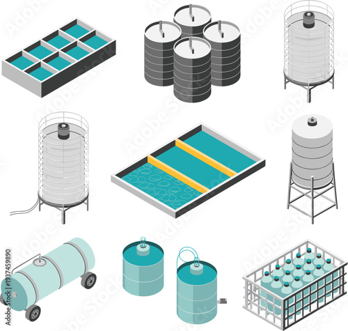 Isometric water treatment equipment set with storage tanks filtration basins industrial containers purification system and bottled water production vector illustration