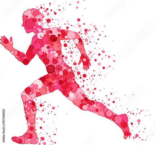 running athlete silhouette with red paint splash, dynamic sport motion illustration, energetic fitness runner vector isolated background
