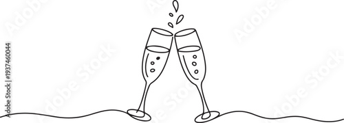  One line drawing of an isolated vector object . Continuous line of drawing two glasses of champagne. one line Icon drawing