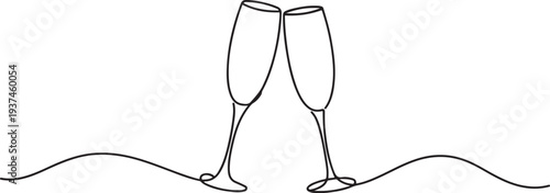  One line drawing of an isolated vector object . Continuous line of drawing two glasses of champagne. one line Icon drawing