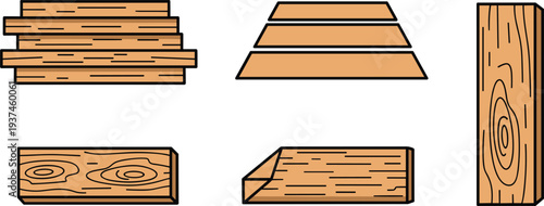 Set of Natural Wood Planks and Timber Boards Featuring Various Grain Patterns and Cut Shapes for Carpentry Lumber and Construction Design.