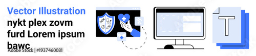 Cybersecurity, document protection, online safety, secure data handling, technology, digital files. Visual shows a shield, hand holding a medical icon computer screen and file icons. Cybersecurity