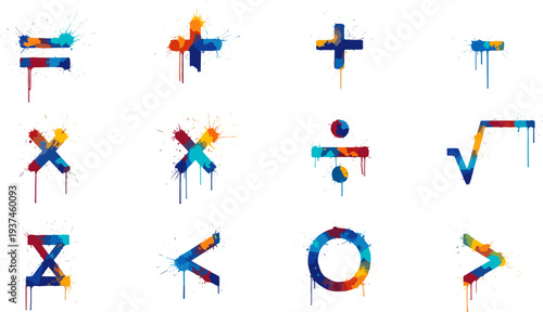 colorful math symbols with paint splash, artistic mathematics icon set, creative algebra signs vector illustration isolated background
